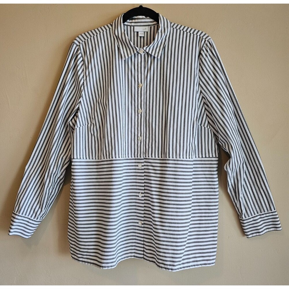 J Jill Blue White Striped Long Sleeve Button Up Cotton Shirt Tunic Size: L